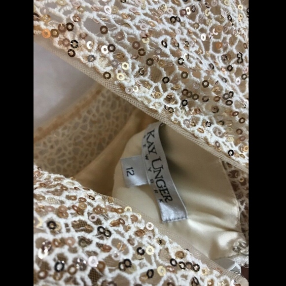 NWT Kay Unger Embellished Lace‎ & Tweed Dress Champagne/Gold [SZ 12 ] - Picture 8 of 13